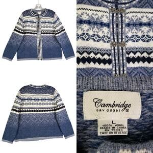 Cambridge Dry Goods Nordic Fair Isle Button Front Wool Cardigan Size Large Blue